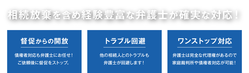 相続放棄を含め経験豊富な弁護士が確実な対応！督促からの開放 債権者対応も弁護士にお任せ！ ご依頼後に督促をストップ。　トラブル回避 他の相続人とのトラブルも 弁護士が回避します！　ワンストップ対応 弁護士は完全な代理権があるので 家庭裁判所や債権者対応が可能！